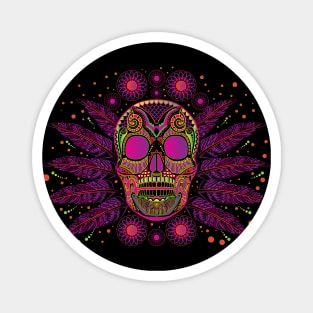 mexican sugar skull with feathers, bright neon colors Magnet